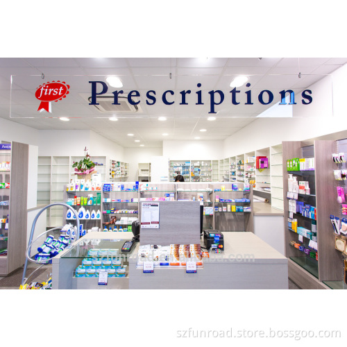 wood counter and wall display shelf for retail pharmacy interior design